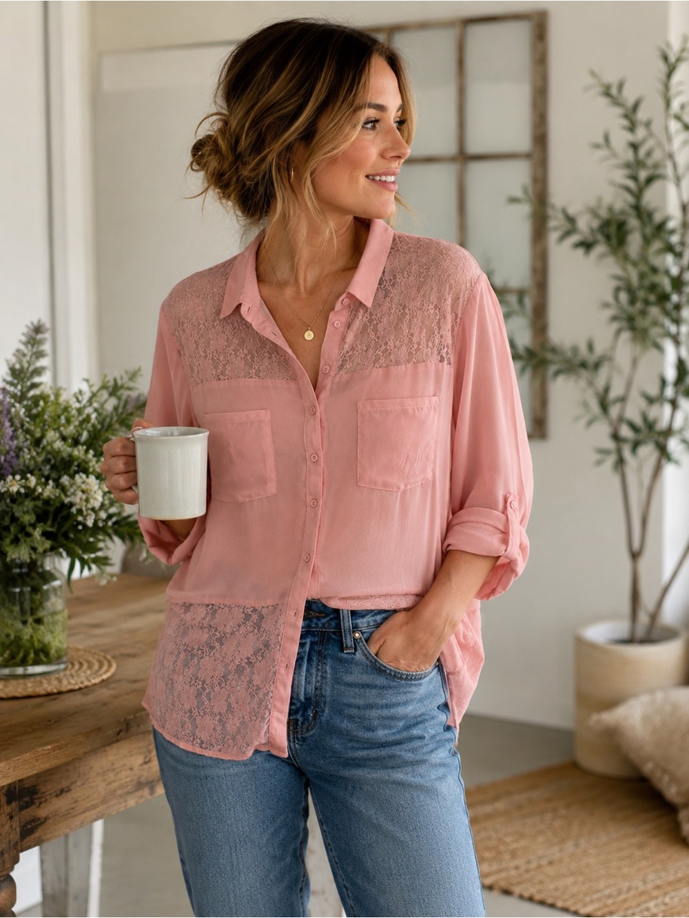 Bongo Pink Lace Chiffon Button Front Blouse Plus Size 1X Sheer Feminine Boho